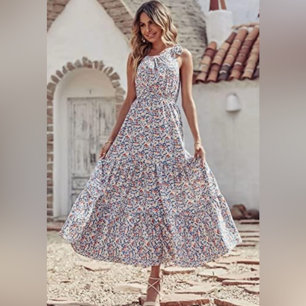 Prettygarden Blue Floral Tiered Knot One Shoulder Maxi Dress - Picture 3 of 10